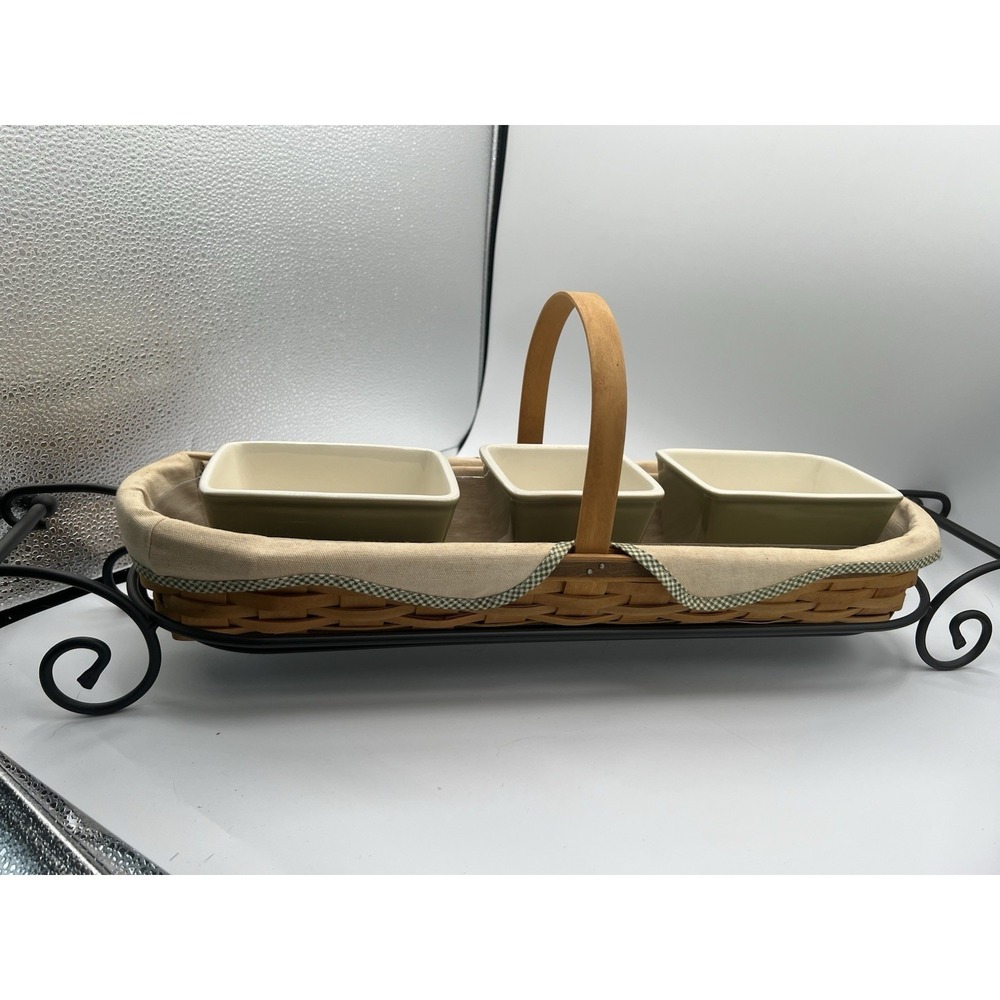 🧺 Longaberger RARE 2005 Baguette Basket w/ Wrought Iron Stand, L/P & Pottery🍞